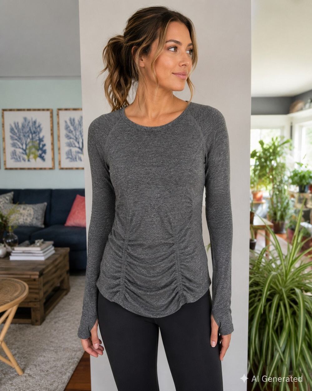 Athleta Speedlight Womens M Gray Ruched Long Sleeve Top Thumbholes Running Yoga